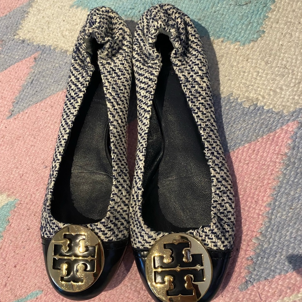 Tory Burch Navy and White Tweed Flats with Gold Logo